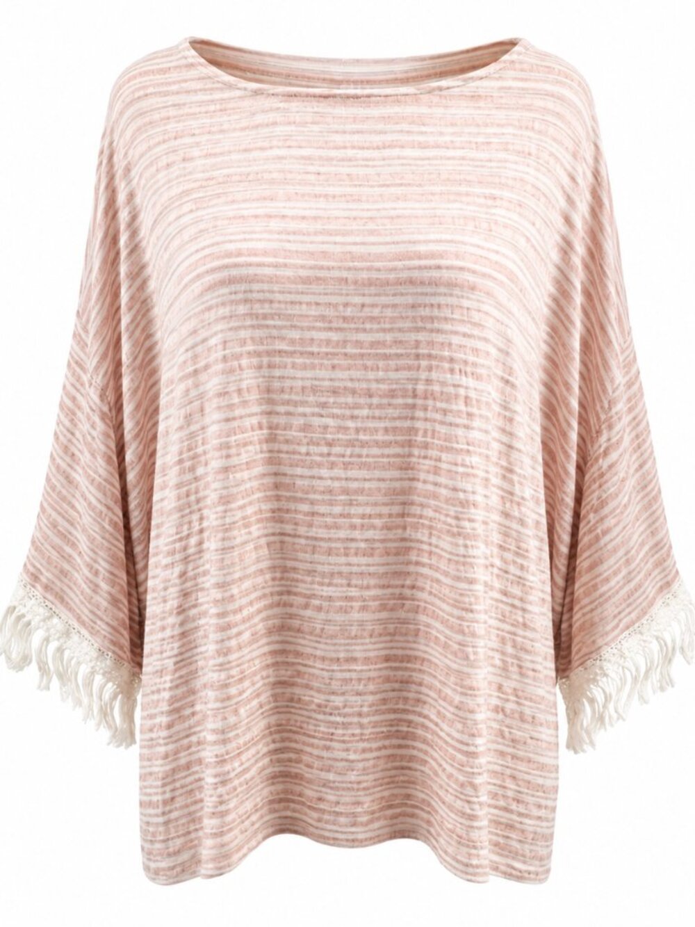 L&B Boho Top M Peach Stripe Fringe Sleeve Oversized Western Coastal Rayon Blouse